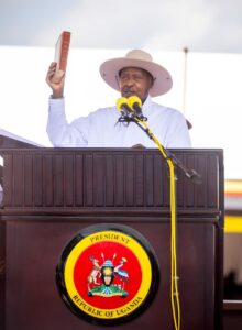 Faure Gnassingbé and Yoweri Museveni shaking hands during the ceremony