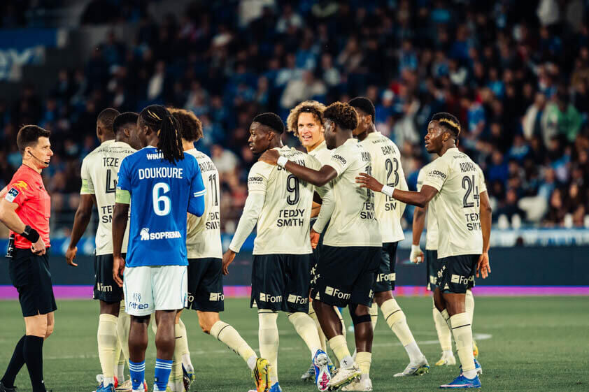 AS Monaco players celebrate during the Ligue 1 match against Strasbourg