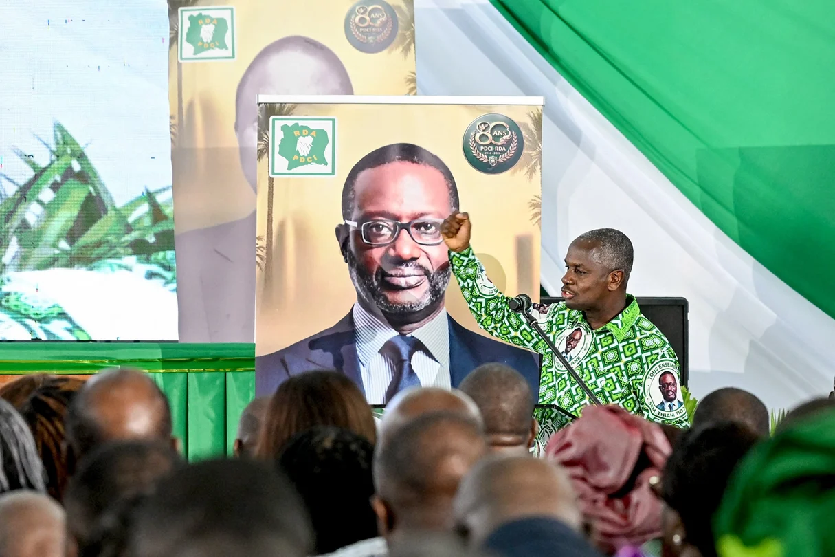 Calice Yapo Yapo, PDCI's executive secretary, speaking at the party's 80th anniversary celebration in Abidjan on April 9, 2026.