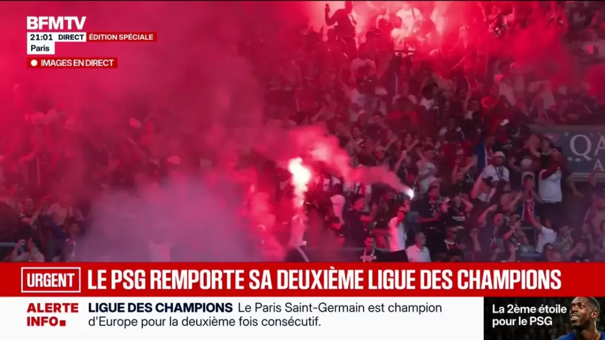 PSG fans celebrating outside Parc des Princes stadium