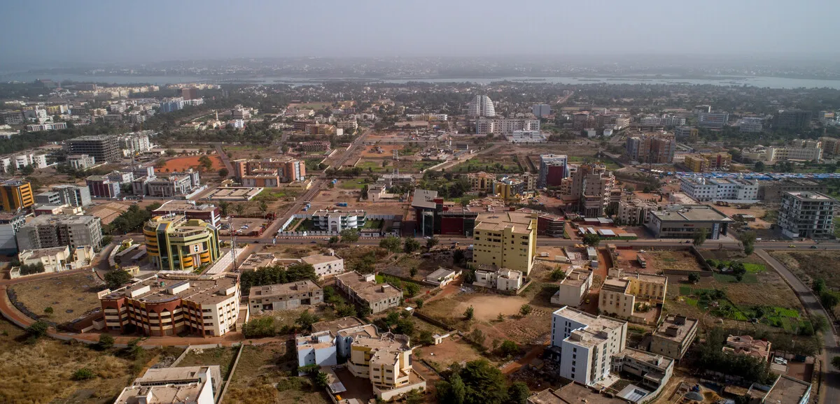 Aerial view of Bamako with military presence