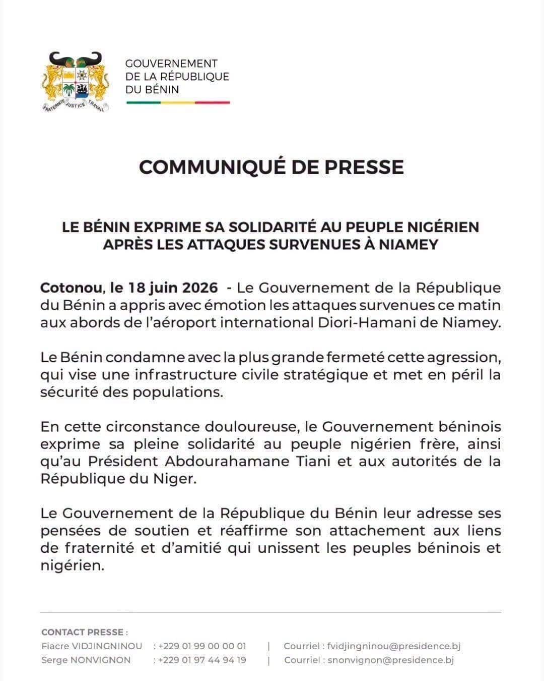 Official statement from Benin expressing solidarity with Niger