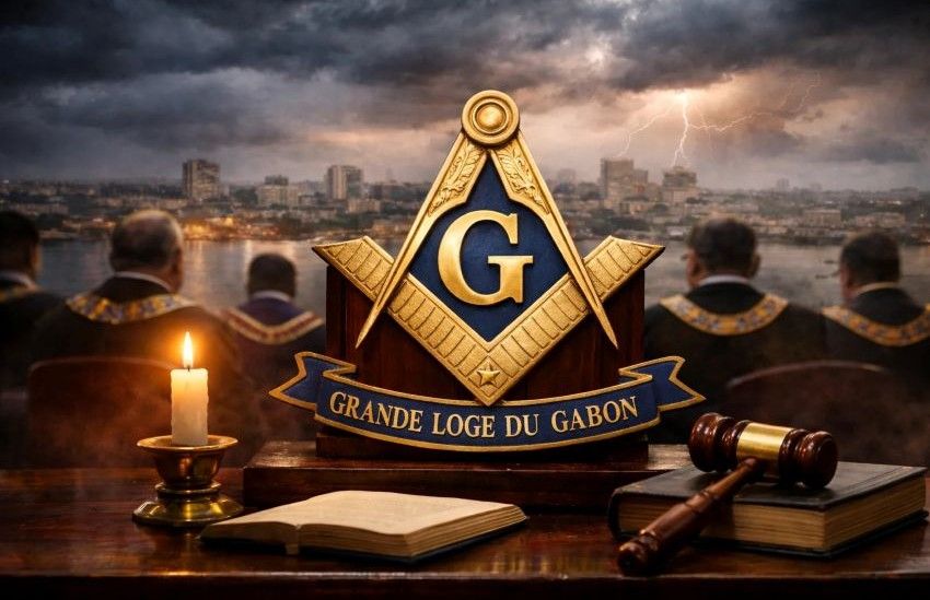 Interior view of Gabon masonic lodge with members in discussion