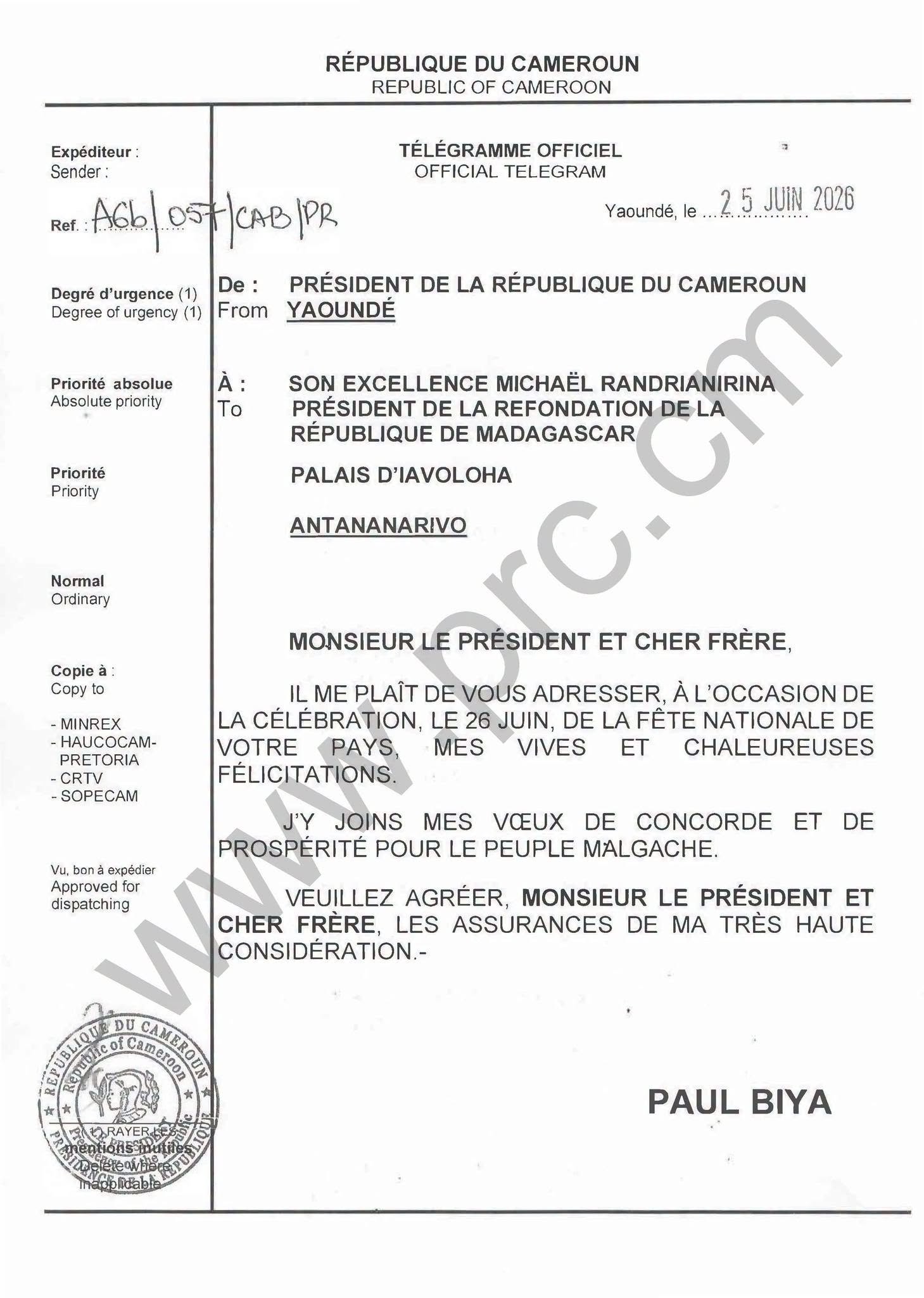 Full congratulatory message from President Paul Biya to His Excellency Michaël Randrianirina on Madagascar’s National Day, June 26, 2026.