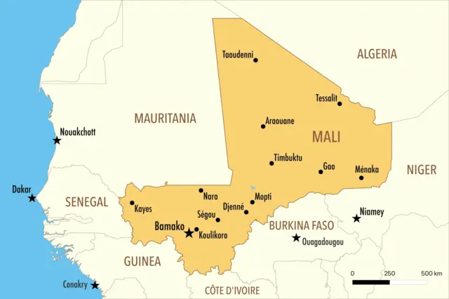 Vector map of Mali with its main cities and neighboring countries.