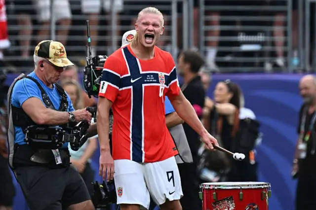 Erling Haaland celebrates after Norway’s win over Brazil