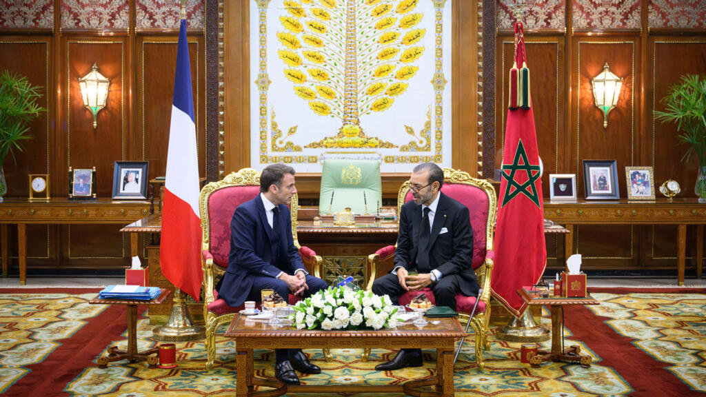 French President Emmanuel Macron greeted by Morocco's King Mohammed VI in Rabat on October 28, 2024