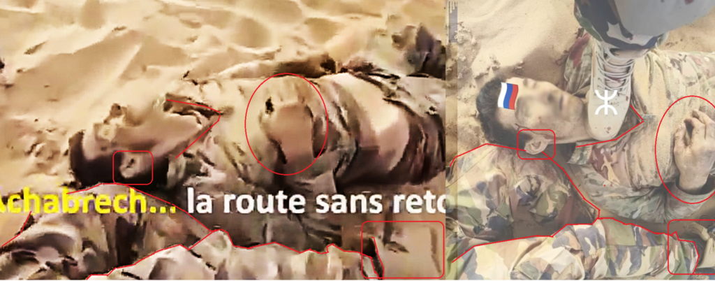Analyzing body positions, hand placement, and facial features helped locate the scene from which the misleading image was extracted.