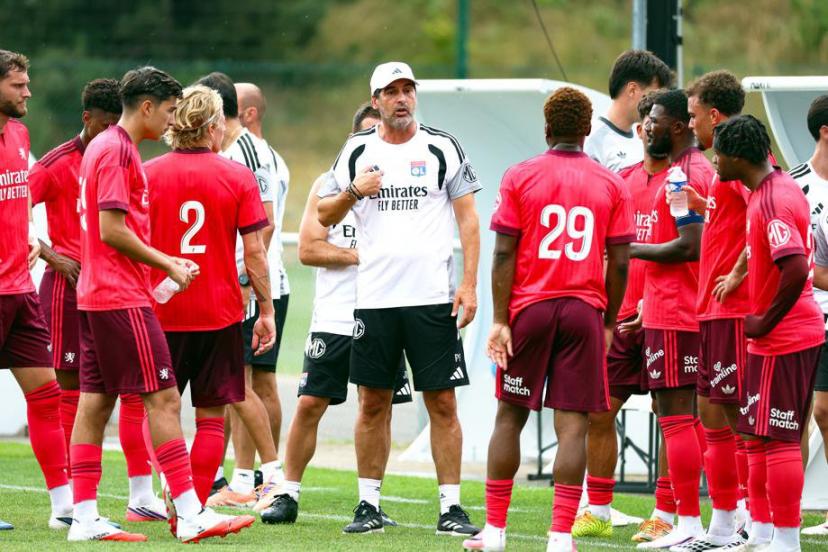 Paulo Fonseca and his players during the friendly match between Lyon and FC Saint-Gall (6-3) on July 11th