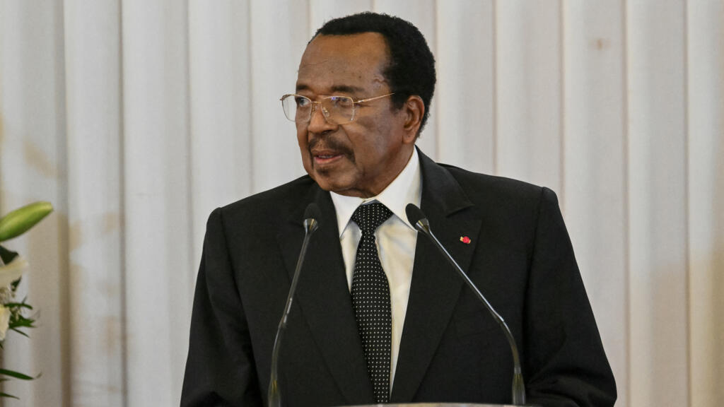 Cameroon President Paul Biya addressing an audience alongside Pope Leo XIV at the presidential palace in Yaoundé during an 11-day apostolic journey to Africa on April 15, 2026.