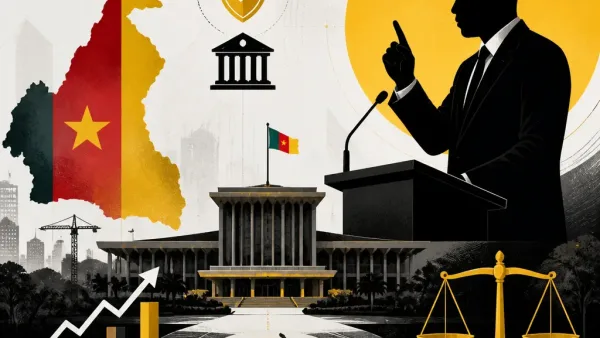 Official portrait of Paul Biya with government seal