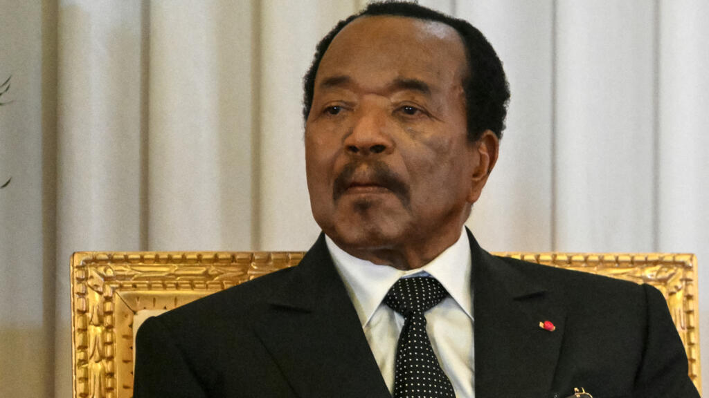 The Cameroonian president Paul Biya watches Pope Leo XIV (off-screen) deliver a speech at the presidential palace in Yaoundé during the third day of an 11-day apostolic trip to Africa on April 15, 2026.