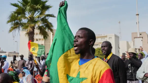 A protester shouts anti-gay slogans during a demonstration against homosexuality in Dakar, Senegal, on Friday, March 6, 2026.