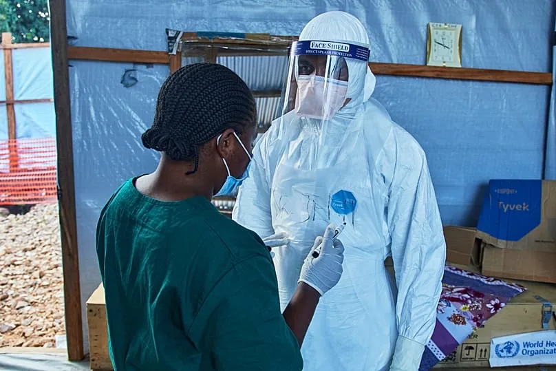 Health workers discuss patient care at a medical center in Bunia, July 3 2026